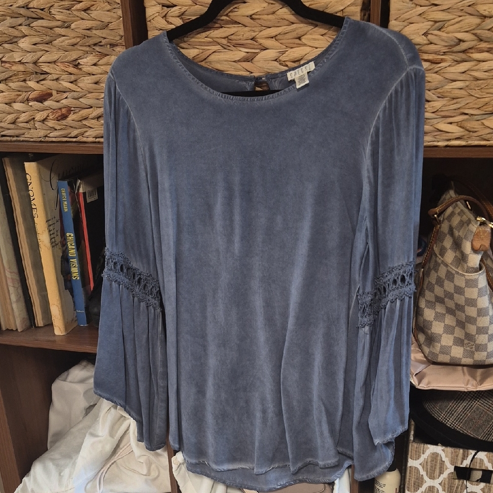 Spense Denim Blue Blouse with Crochet Sleeves
